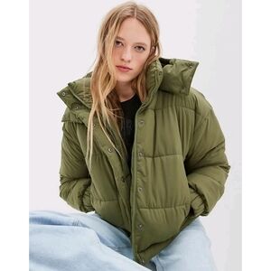 American Eagle The Big Puffy Reversible Hooded Coat Size Medium In Olive